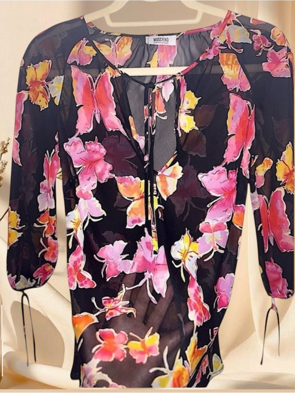 Moschino Vintage 90s Butterfly Print Sheer Blouse | Black + Pink Size XS/S 0-2